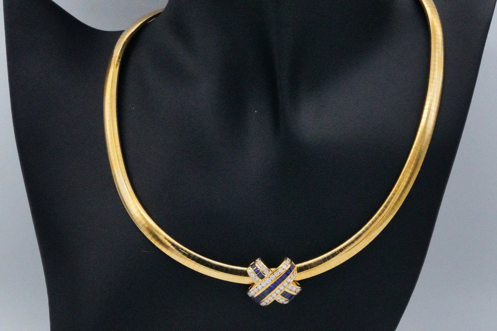 Charles Krypell 2.75ctw Sapphire and Diamond Necklace: Charles Krypell 1.50ctw Blue Sapphire, 1.25ctw VS1-VS2/G-H Diamond and 18K Pendant on Italian 18K Omega Necklace - This necklace features a Charles Krypell pendant which hangs on an Italian solid 18k