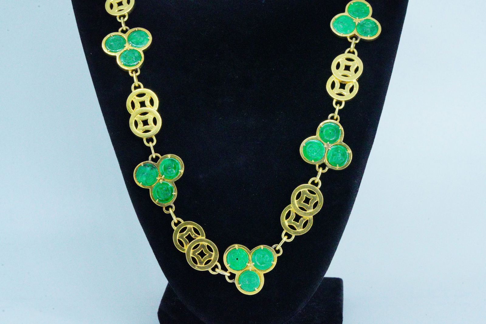 Trio Carved Green Jade and 18K 30" Lucky Coin Necklace (1 of 8)