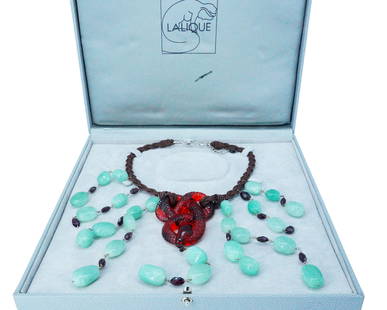 Lalique Crystal and Aventurine Serpent Necklace #051/188: Lalique Limited Edition Red Crystal and Green Aventurine Serpent Rope Necklace #051/188 W/Box and Papers - This stunningly rare Lalique necklace is a breathtaking piece that seamlessly blends the