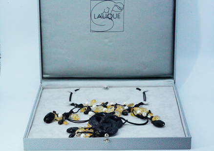 Lalique Crystal, Quartz, and Pearl Necklace #061/188: Lalique Limited Edition Black Crystal, Yellow and Black Quartz, and Pearl Serpent Rope Necklace #061/188 W/Box and Papers - This stunningly rare Lalique necklace is a breathtaking piece that