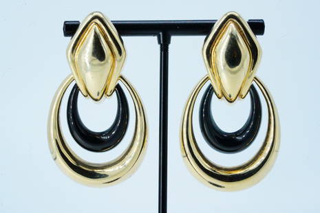 Vintage 14K and Onyx Convertible Door Knocker Earrings: Vintage 14K Yellow Gold and Onyx 2.15" Convertible Door Knocker Earrings - These beautiful vintage door knocker earrings feature a luxurious combination of 14K yellow gold and onyx, creating a