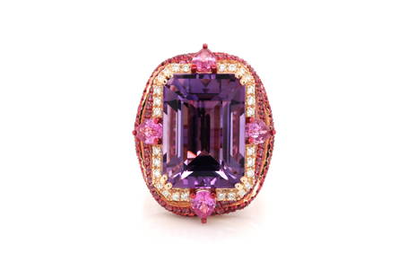 Medici Jewelry 17.30ct Amethyst, 3.85ctw Sapphire, Ruby, Diamond Ring: 17.30ct Amethyst, 2.60ctw Pink Sapphire, 1.00ctw Ruby, 0.25ctw Diamond and 18K Rose Gold Cocktail Ring Designed by Prince Lorenzo de Medici - This beautiful cocktail ring was designed by Prince