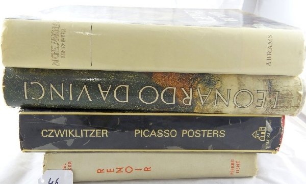 Lot of (4) Large Art Books: 1970 "Picasso's Posters" by Christopher Czwiklitzer/1956 "Leonardo Da Vinci"/1964 "Michelangelo The Painter" by Valerio Mariani/"Renoir" by Michel Drucker