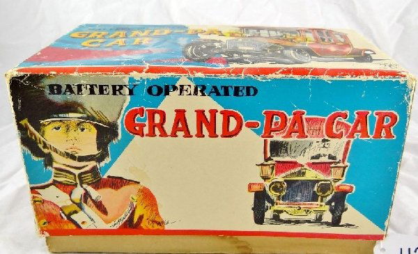 Vintage Battery Operated Grand-Pa Tin Car: Rare Vintage Battery Operated Grand-Pa Tin Car *In Original Box* The toy is in good condition, there are no parts missing & the battery compartment is clean. The car was made in the 1950's in Japan. T