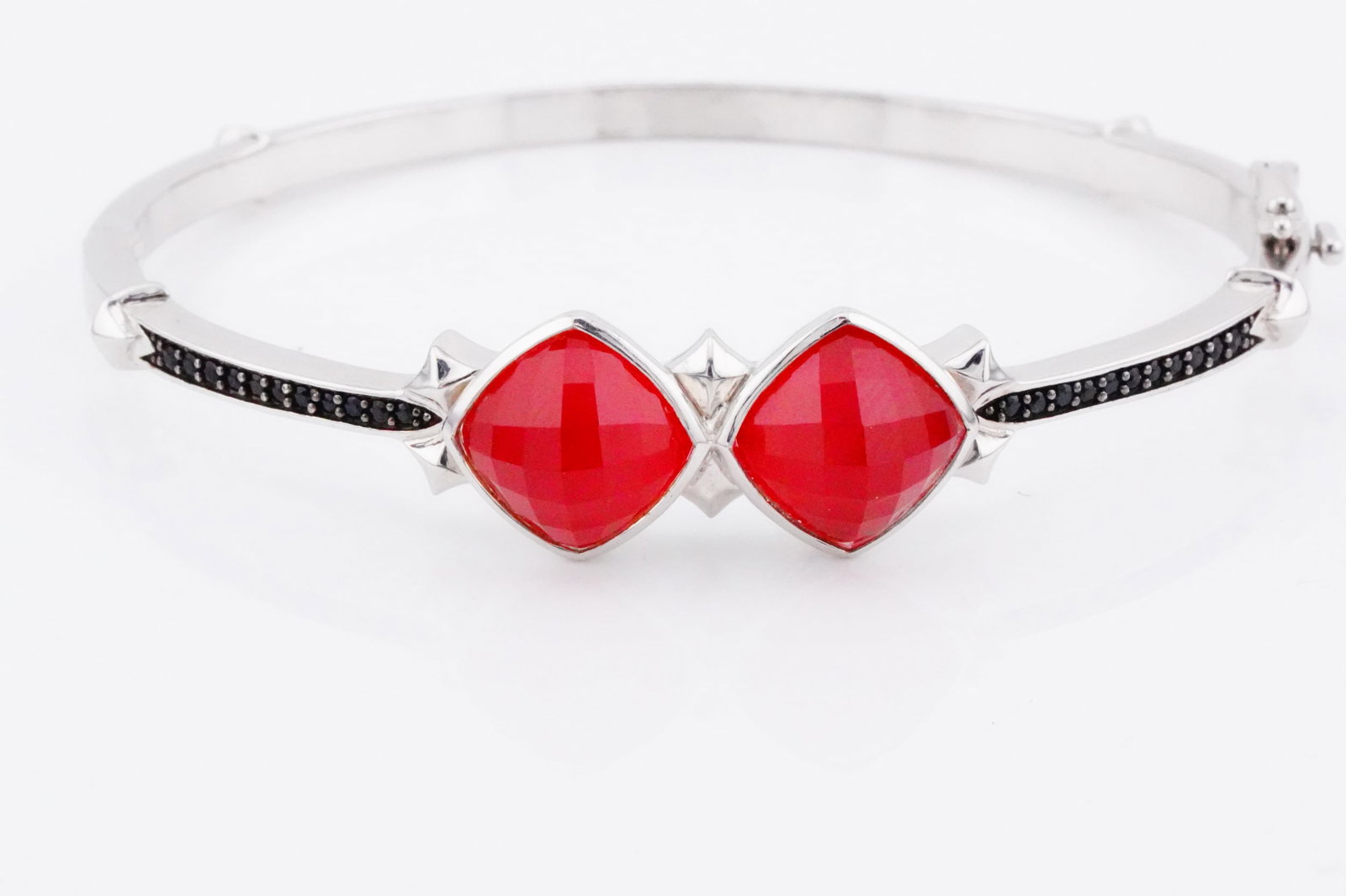 Stephen Webster Sterling Silver Superstud Bangle: Stephen Webster Coral and Faceted Quartz Solid Sterling Silver Superstud Bangle Bracelet W/Black Sapphire Accents - This Superstud bracelet by Stephen Webster is made of solid sterling silver and has