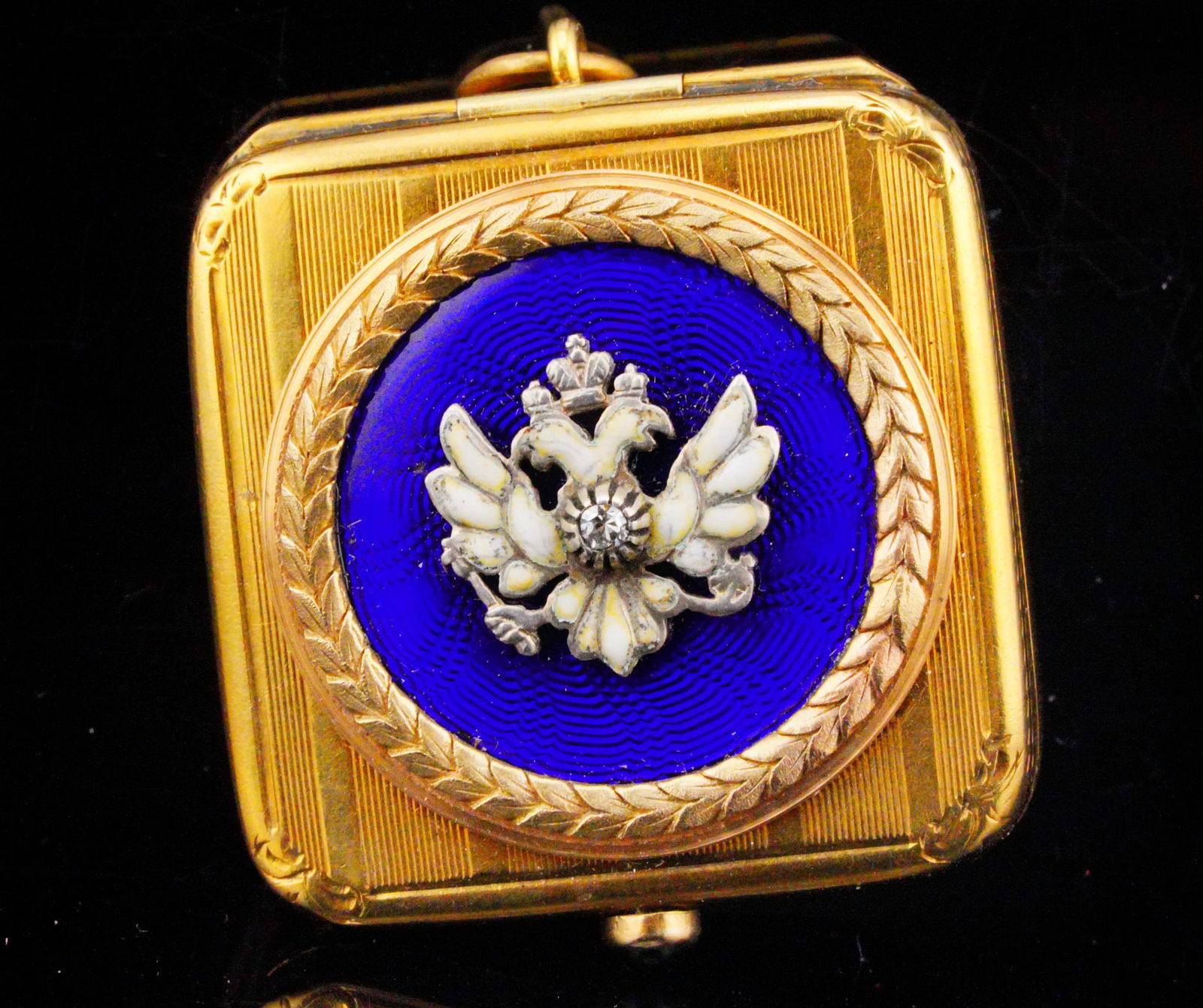 Vintage 14K Yellow Gold and Blue Enamel Pill Box: Vintage 14K Yellow Gold and Blue Enamel Pill Box w/Diamond and Cabochon Ruby Accents - This stunning piece is made of solid 14K yellow gold. The piece has strategic attention to detail, as it has band
