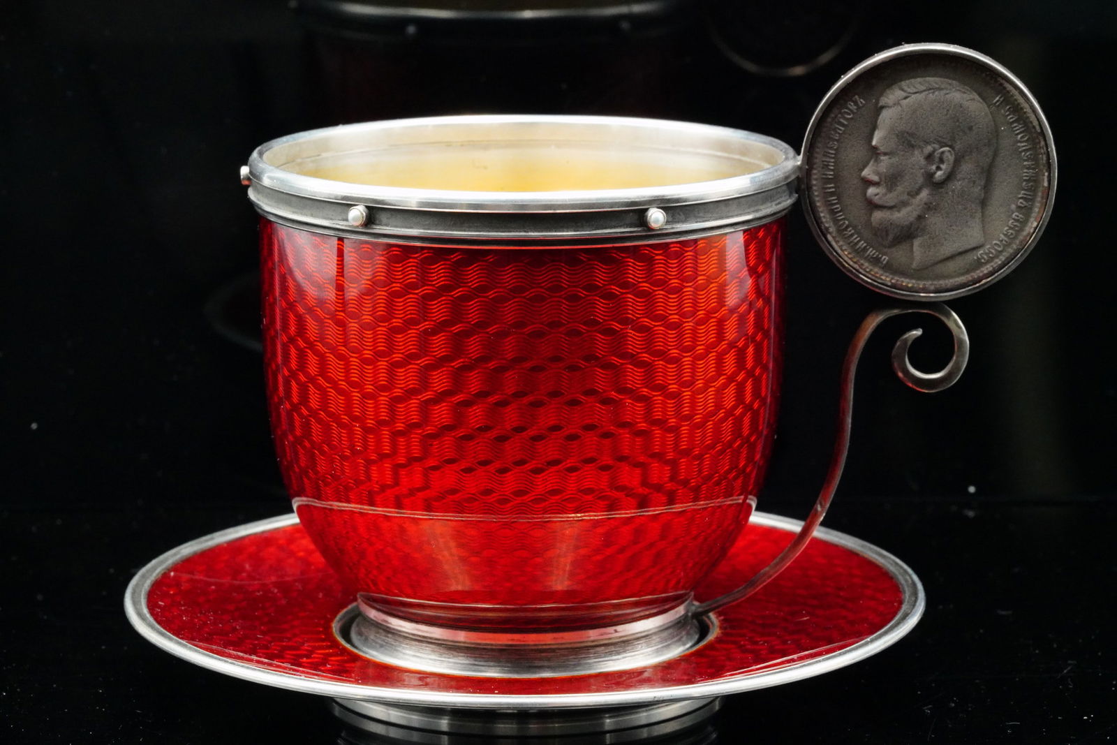 Vintage 88 Silver and Red Enamel Cup and Saucer (1 of 6)