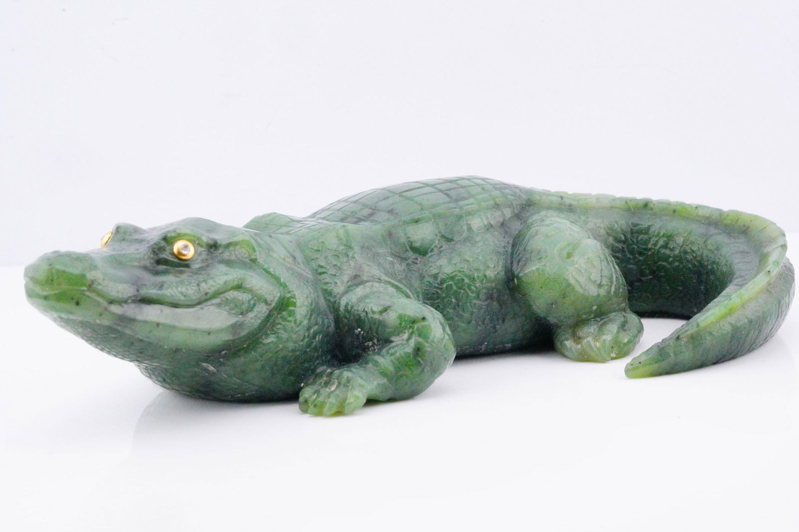Hand-Carved Nephrite Crocodile W/Diamond Eyes (1 of 13)