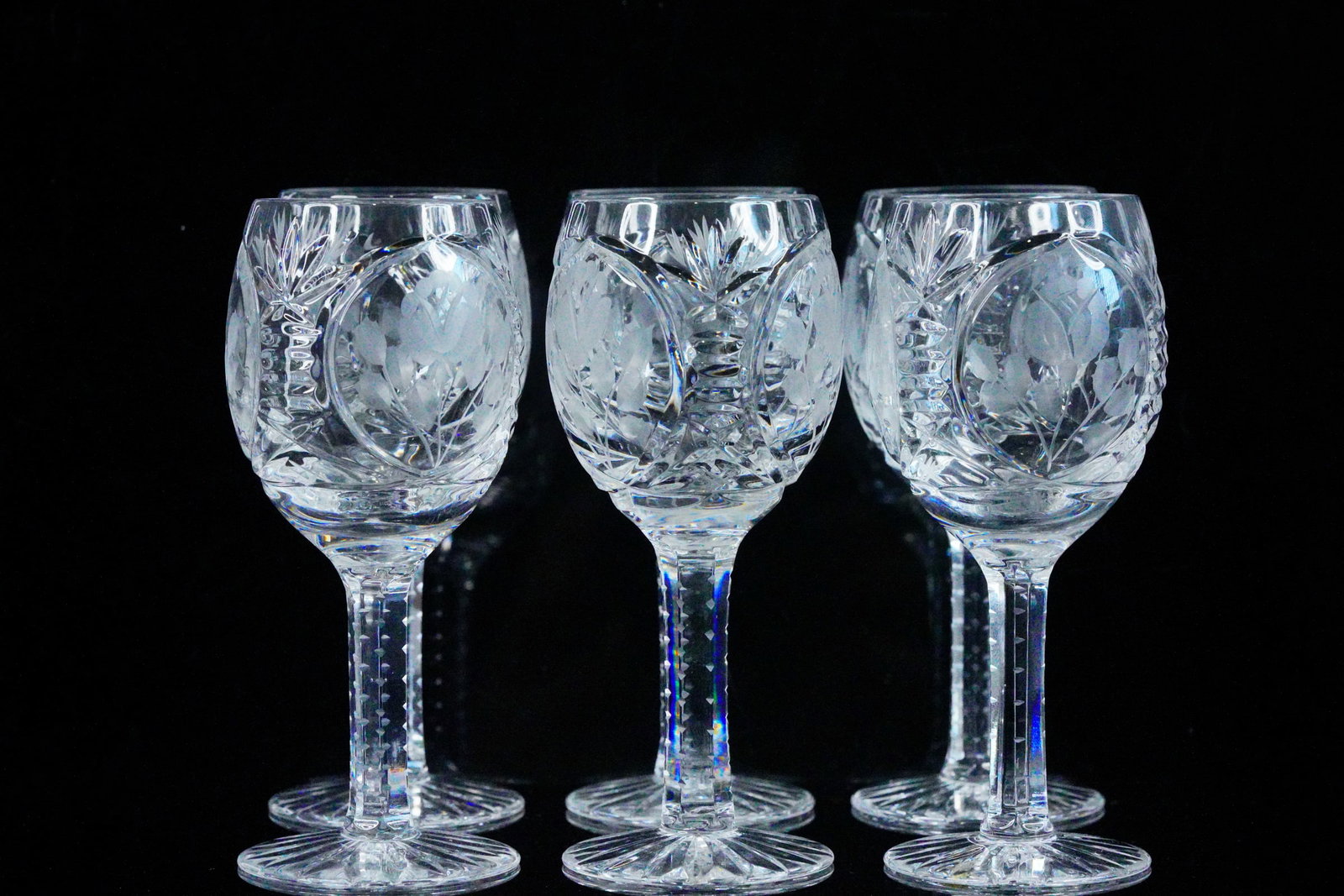 Bibi Hilton's Lot of (6) Cut Crystal Cordials: Bibi Hilton's Lot of (6) Cut Crystal Cordials (From the Estate of Mrs. Bibi Hilton) - This set of (6) cut crystal cordial glasses were owned by Mrs. Bibi Hilton. The cordials feature beautiful floral 