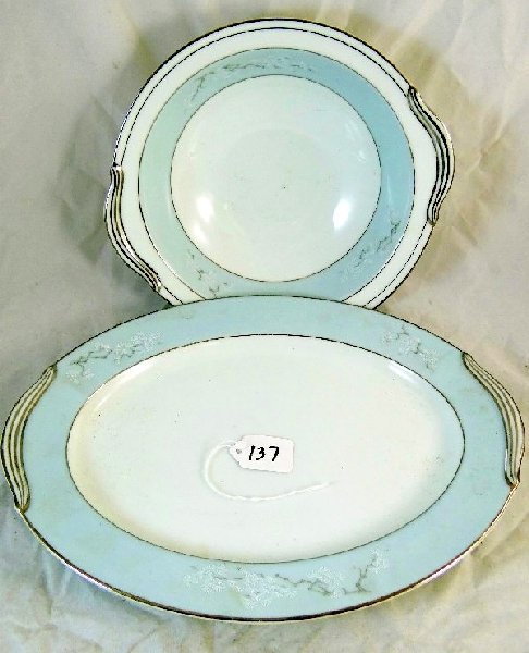 Noritake China Serving Bowl & Oval Tray: These are beautiful pieces with a powder blue rim decorated with delicate flowers. Both are in great condition. The bowl measures approx. 10" in diameter & the tray is approx. 14". Est. value $60-80.