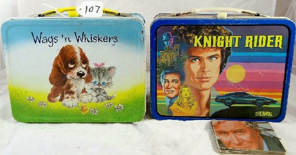 (2) Vintage Thermos Brand Tin Lunchboxes: There is one "1983 Knight Rider" & one "1978 Wags & Whiskers" lunchbox. In the Knight Rider box are also Knight Rider collectors cards. The lunchboxes are in good condition but do not contain the ther
