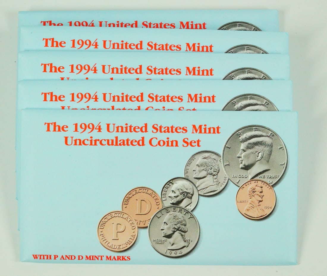 Lot of (5) 1994 U.S. Mint Uncirculated Sets: Lot of (5) 1994 U.S. Mint Uncirculated Sets With P and D Mint Marks - This lot includes (5) new-in-box 1994 United States uncirculated coin sets. Each set includes ten coins: Cent, Nickel, Dime, Quart