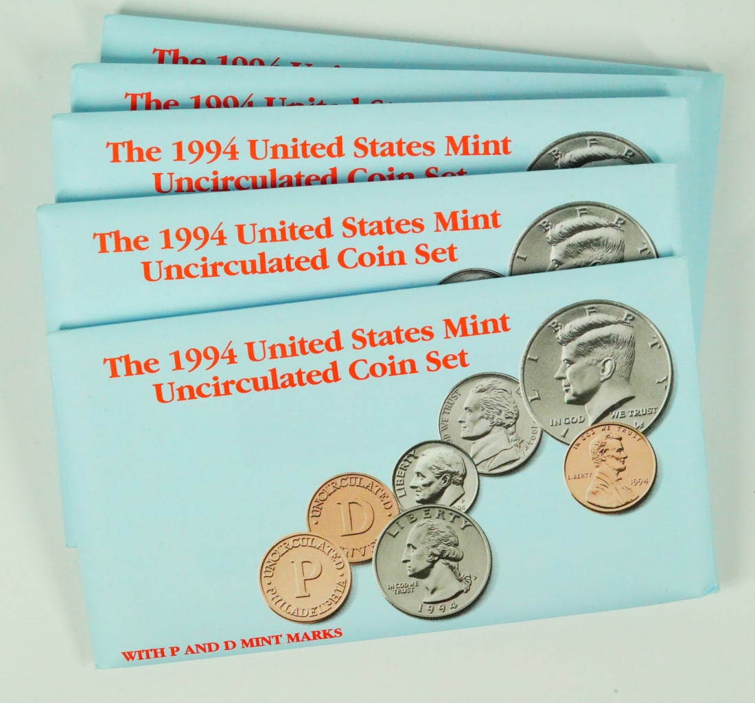 Set of (5) 1994 U.S Mint Uncirculated Coin Sets: Set of (5) 1994 U.S. Mint Uncirculated Coin Sets With P and D Mint Marks - This lot includes (5) new-in-box 1994 U.S. Mint 50 State Proof Sets. Each set includes proofs of the Cent, Nickel, Dime, Quar
