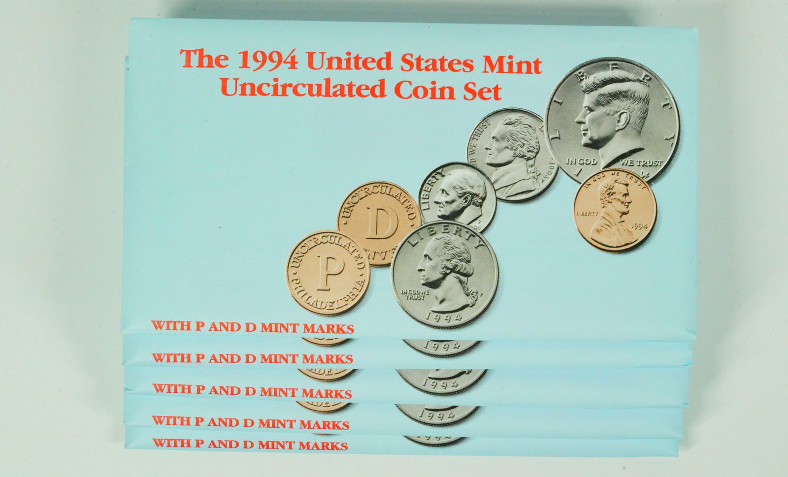 Set of (5)1994 U.S Mint Unc. BU Set With P and D Mint Marks: Set of (5) 1994 U.S Mint Uncirculated Coin Sets With P and D Mint Marks- This lot includes (5) 1994 U.S. Mint Uncirculated coin sets. Each set includes Cent, Nickel, Dime, quarter and Half Dollar coin