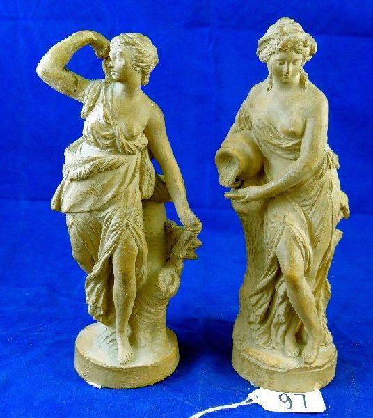 Lot of (2) French Antique Figurines: The (2) figurines are displaying pouring water into a bowl & other is holding a bow & arrow both have signatures and have repairs measure approximately 8"