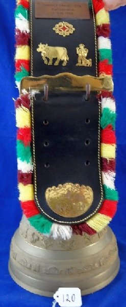 Treicheln w/Alpine Figures and Buckle Bell: Medium Heavy Duty Treicheln w/Alpine Figures and Buckle Brass Bell. This was Prized bell for 1992 in Switzerland & the Bell is made of brass measures approximately 22"