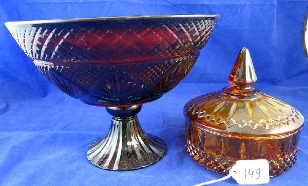 (2) Depression Glass Bowl & Candy Dish: These (2) pieces have very detailed patterns (1) cranberry color other amber color in great condition measure approximently 6"-8"