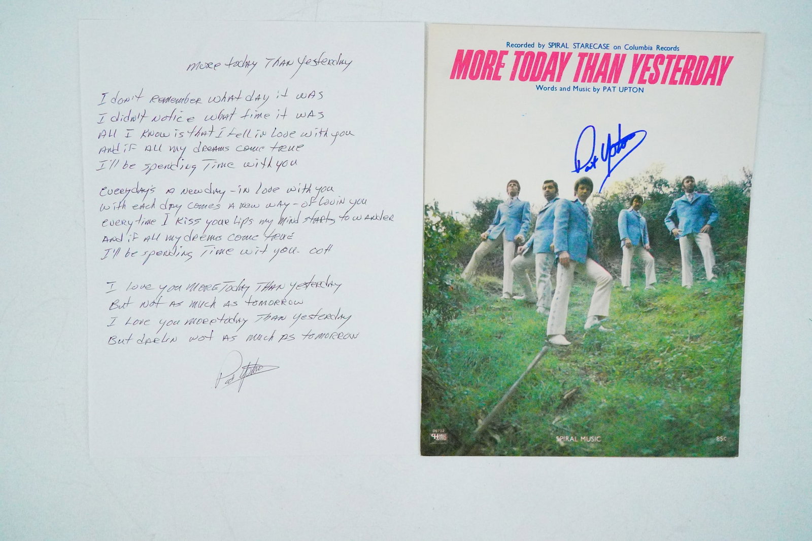 Pat Upton Signed Handwritten Lyrics and Sheet Music: Pat Upton "More Today Than Yesterday" Signed Handwritten Lyrics and Sheet Music - This lot includes handwritten lyrics and a sheet music booklet for the 1969 Spiral Starecase single, "More Today Than 