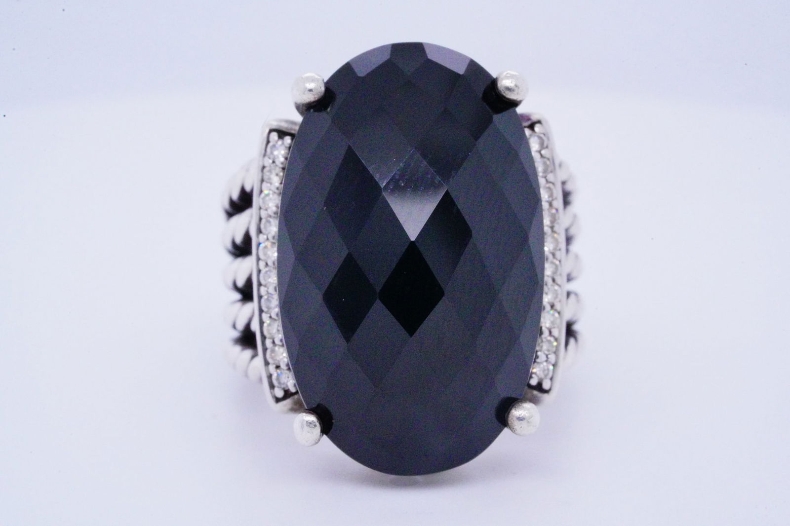 David Yurman 26mm Onyx and Sterling Ring W/Diamonds