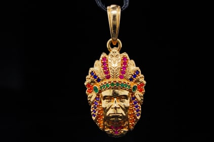 18K and 0.40ctw Multi-Gemstone 1.25" Native Chief Pendant