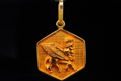 22K Yellow Gold 1.25" Assyrian Winged Bull Pendant
