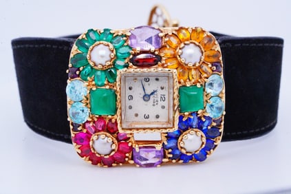 Lucien Piccard 1960s Multi-Gemstone, Pearl and 14K Watch