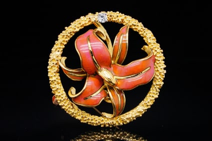 18K Yellow Gold, Enamel and 0.10ct Diamond Tulip Brooch
