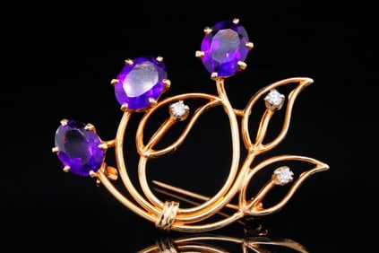 3.00ctw Amethyst and 14K Yellow Gold Brooch W/Diamonds