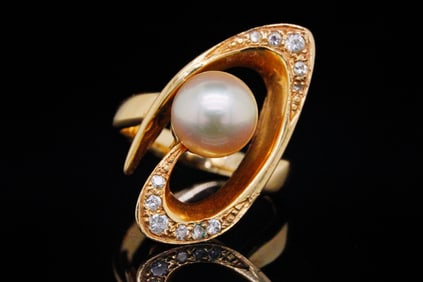 8mm Pearl and 14K Yellow Gold Ring W/Diamond Accents