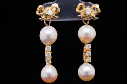 7.5mm Pearl, 0.40ctw Diamond and 14K 1.30" Drop Earrings