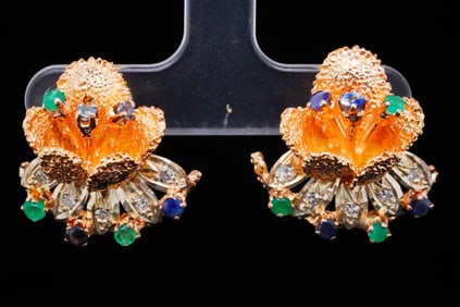1.00ctw Multi-Gemstone and 14K Flower Ear Clips W/Diamonds