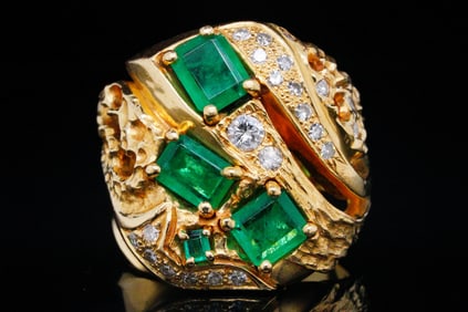 3.65ctw Emerald, 0.60ctw Diamond and 14K Yellow Gold Ring