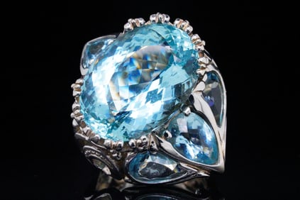 44.00ctw Blue Topaz and 14K White Gold Ring