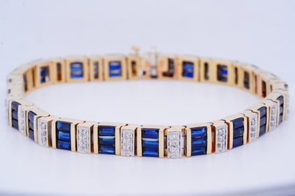6.30ctw Blue Sapphire, 0.60ctw Diamond and 14K Bracelet