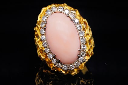 1970s 19.5mm Pink Coral, 0.25ctw Diamond and 14K Ring