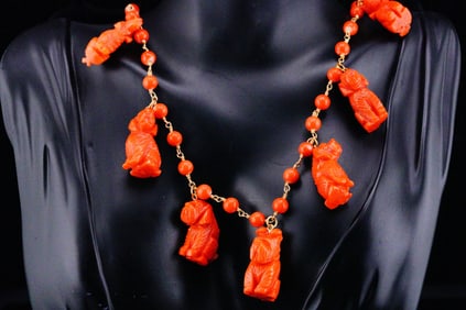 Carved Red Coral and 18K Yellow Gold Dog Charm Necklace