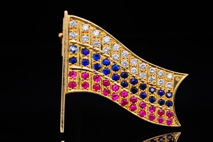 1.50ctw Diamond, Blue Sapphire and Ruby 18K Flag Brooch