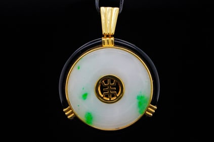 30mm Bi-Color Jade, Onyx and 18K Yellow Gold Pendant