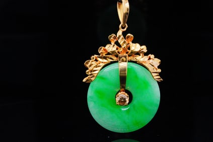 26mm Green Jade, 0.35ct Brown Diamond and 18K Pendant