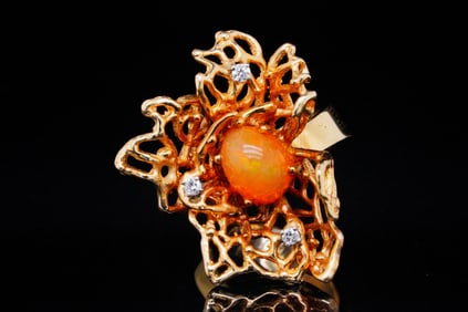 9mm Fire Opal and 14K Yellow Gold Ring W/Diamonds
