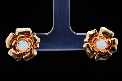 14K Yellow Gold and 5mm Opal Flower Earrings