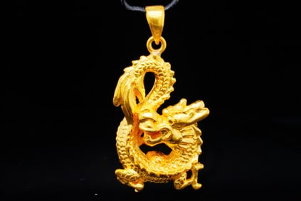 24K Yellow Gold 1.25" Dragon Pendant