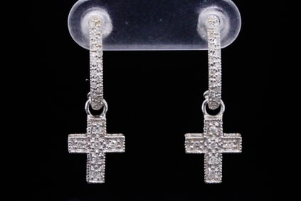 14K White Gold and 0.50ctw Diamond 1" Cross Earrings