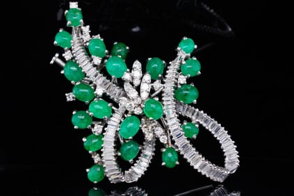 8.50ctw Emerald, 3.50ctw Diamond and 14K Brooch