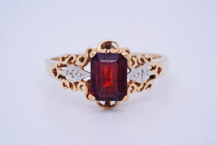 1.00ct Garnet and 10K Yellow Gold Ring W/Diamond Accents