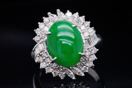 3.75ct Jade Cabochon, 1.90ctw Diamond and Platinum Ring