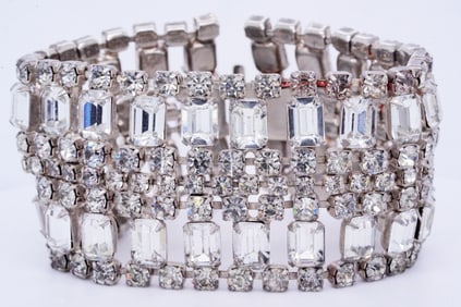Vintage Silver Tone Metal and Clear Rhinestone Bracelet