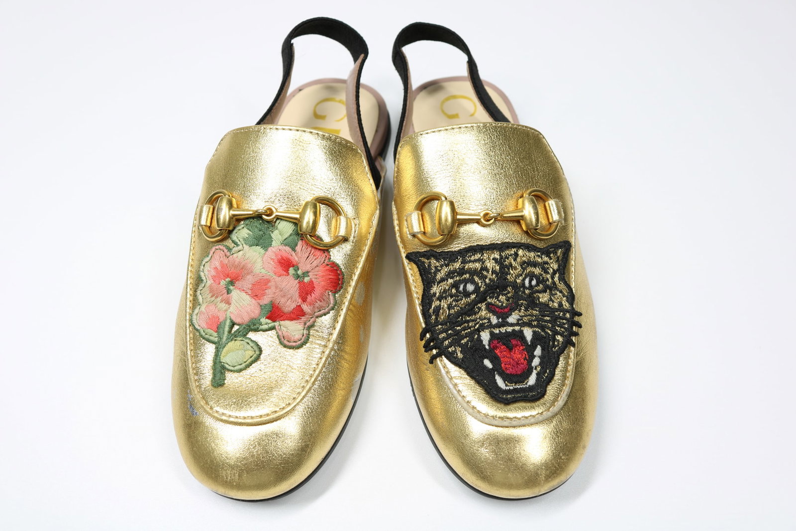 Gucci Children's Loafers W/Tiger and Flower Details: GUARANTEED AUTHENTIC. Gucci Children's Loafers with Tiger and Flower Details - These Gucci children's loafers are both stylish and playful, featuring unique embellishments that add a whimsical touch t