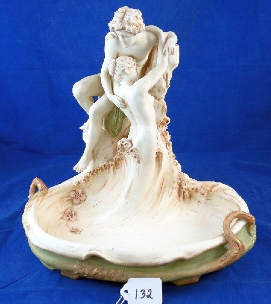 Royal Dux Bohemian Art Nouveau: Royal Dux Bohemian Art Nouveau "The Lovers Porcelain Center Piece" by Hampel-1900s modeled as a young man lifting a young woman from the waves the pool is embellished with flowers & sinuous branches t
