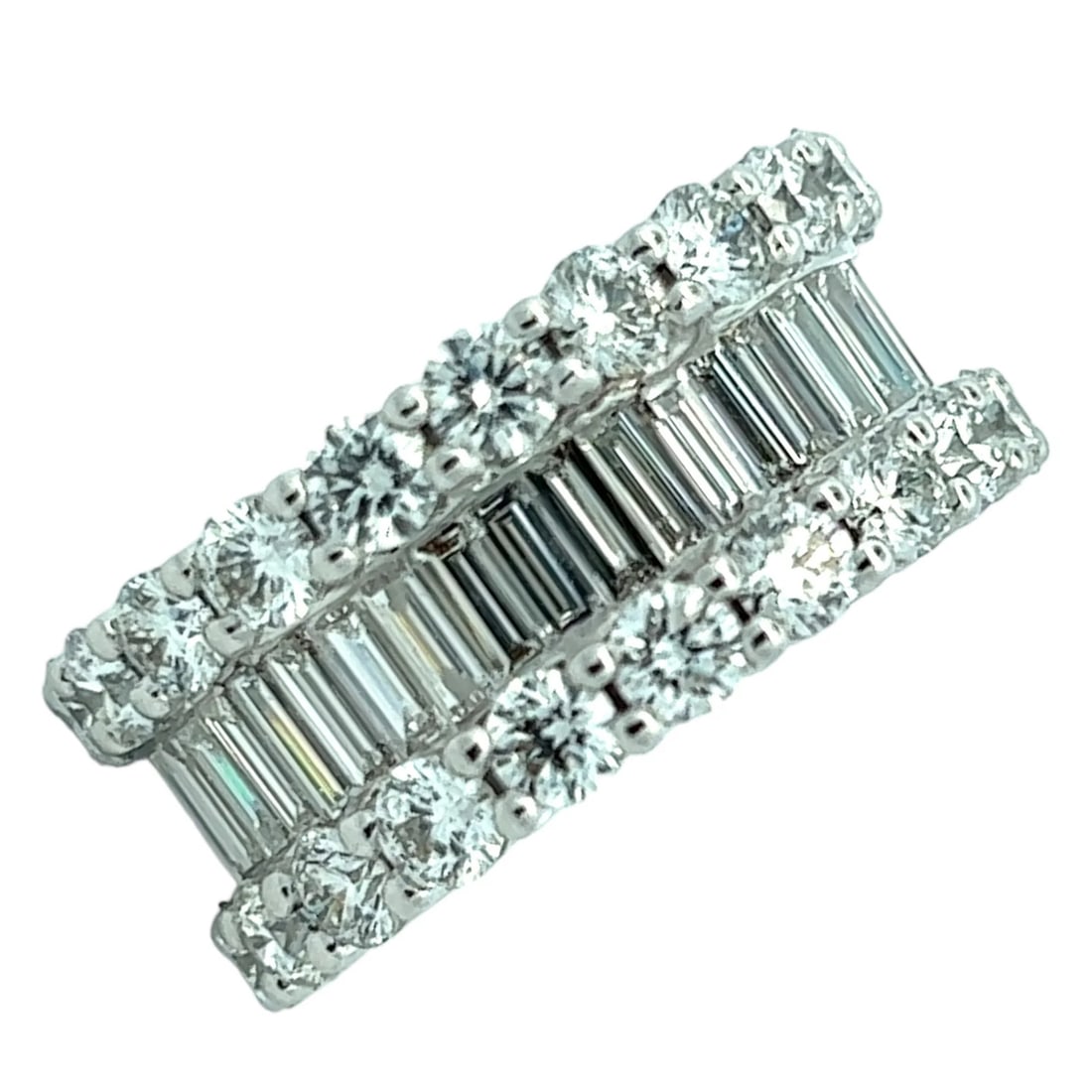 7.76ctw VS1/G Diamond and 18K Eternity Band: 7.76ctw VS1/G Diamond and 18K White Gold Eternity Band - This breathtaking wide diamond eternity wedding band is meticulously handcrafted in 18k white gold, featuring an exquisite blend of (42) baguet